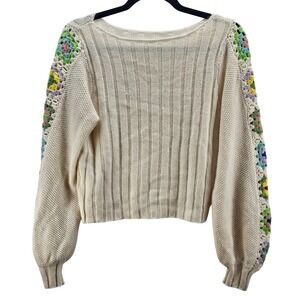 Cream Crochet Sleeve Knit Sweater Women's Size M Balloon Sleeve